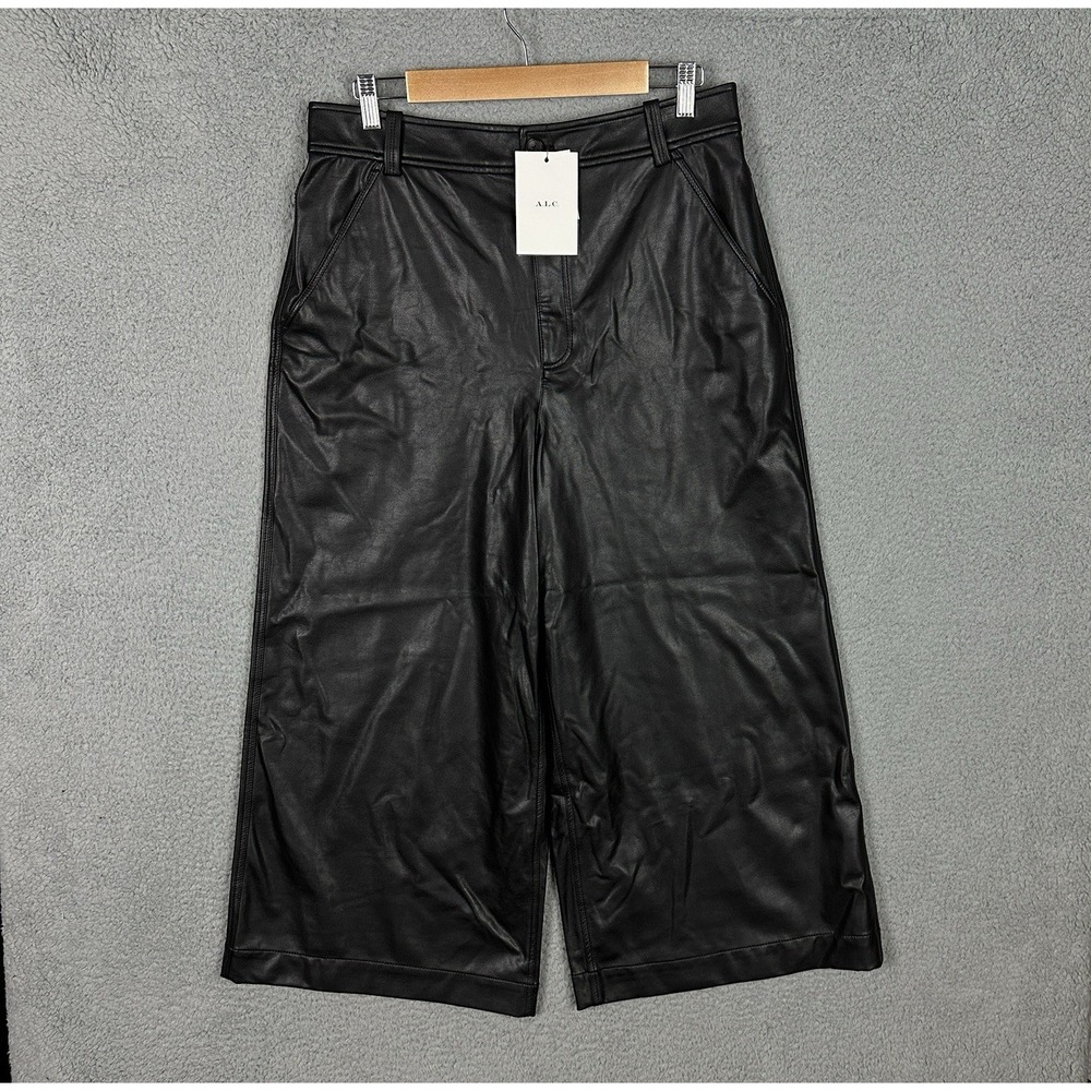 A.L.C. Wiles Crop Pants Women's 14 Black Faux Leather Wide Leg Culotte NWT $450